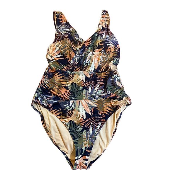 Garnet Hill Ruched Wrap V Neck One apiece Swimsuit Leaf pattern Size 16 - Picture 1 of 5